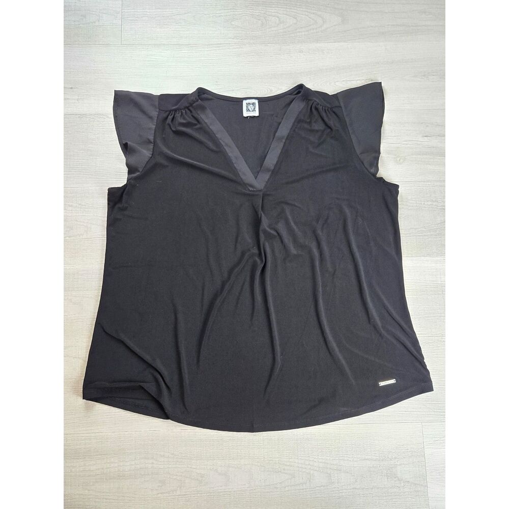 Anne Klein Black Flutter Sleeve V-Neck Top Satin Trim Stretch Blouse